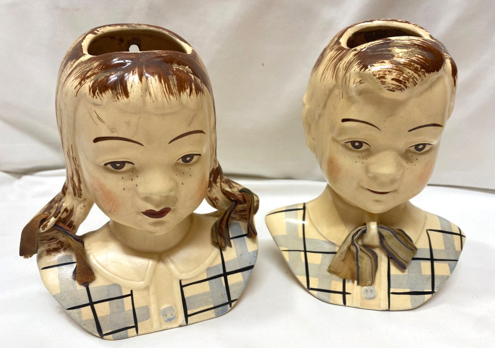 Vintage 1950s Standford Boy & Girl Sandy Jean Head Vase Wall Pocket D-230 D-231